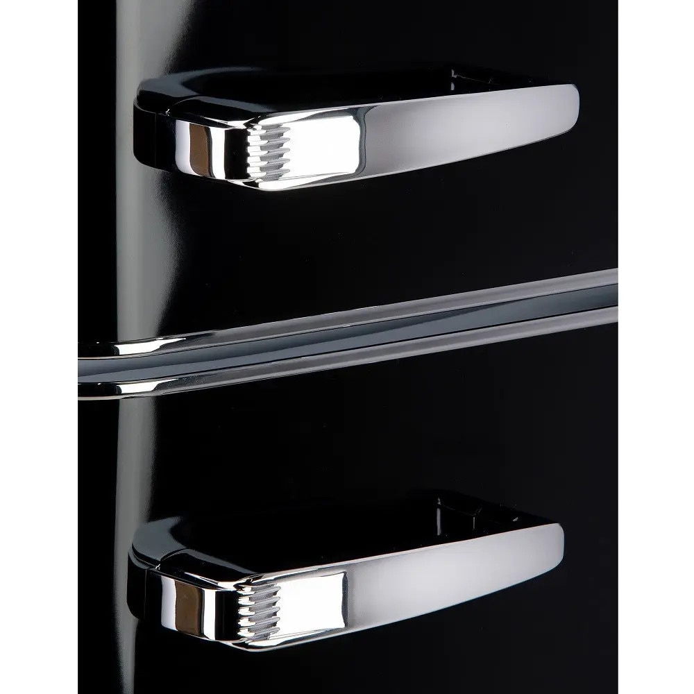 Frigider Retro DOMO, capacitate 206 litri, H 144.5 cm, congelator 44 litri, temperatura reglabila, 4 rafturi din sticla, 3 compartimente pe usa, compartiment fructe/legume, iluminare interioara, manere ergonomice, picioare ajustabile, negru