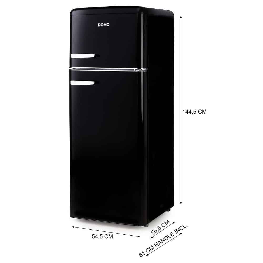Frigider Retro DOMO, capacitate 206 litri, H 144.5 cm, congelator 44 litri, temperatura reglabila, 4 rafturi din sticla, 3 compartimente pe usa, compartiment fructe/legume, iluminare interioara, manere ergonomice, picioare ajustabile, negru