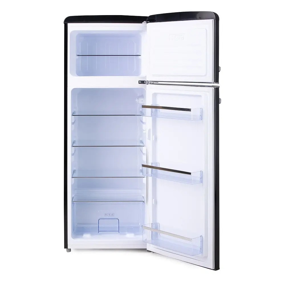 Frigider Retro DOMO, capacitate 206 litri, H 144.5 cm, congelator 44 litri, temperatura reglabila, 4 rafturi din sticla, 3 compartimente pe usa, compartiment fructe/legume, iluminare interioara, manere ergonomice, picioare ajustabile, negru
