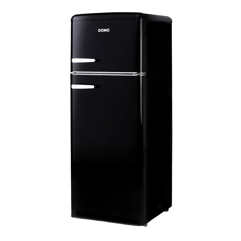 Frigider Retro DOMO, capacitate 206 litri, H 144.5 cm, congelator 44 litri, temperatura reglabila, 4 rafturi din sticla, 3 compartimente pe usa, compartiment fructe/legume, iluminare interioara, manere ergonomice, picioare ajustabile, negru