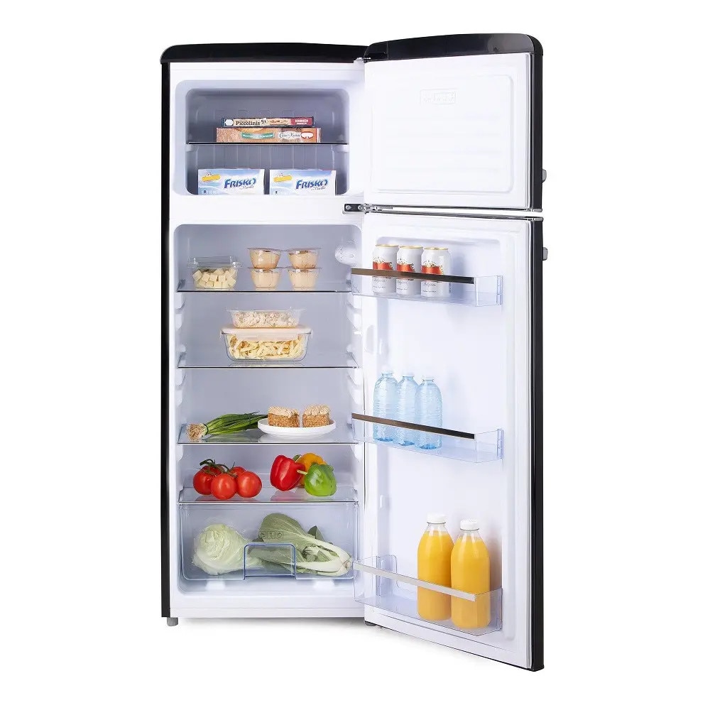 Frigider Retro DOMO, capacitate 206 litri, H 144.5 cm, congelator 44 litri, temperatura reglabila, 4 rafturi din sticla, 3 compartimente pe usa, compartiment fructe/legume, iluminare interioara, manere ergonomice, picioare ajustabile, negru