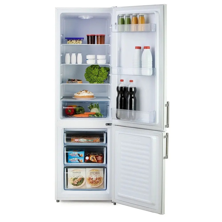 Combina frigorifica Full No Frost DOMO, H 185.9 cm, capacitate totala 244 litri, congelator 63 litri, 3 rafturi din sticla securizata, 3 compartimente pe usa, Fresh Box, compartiment pentru fructe/legume, iluminare LED, usi reversibile, alb