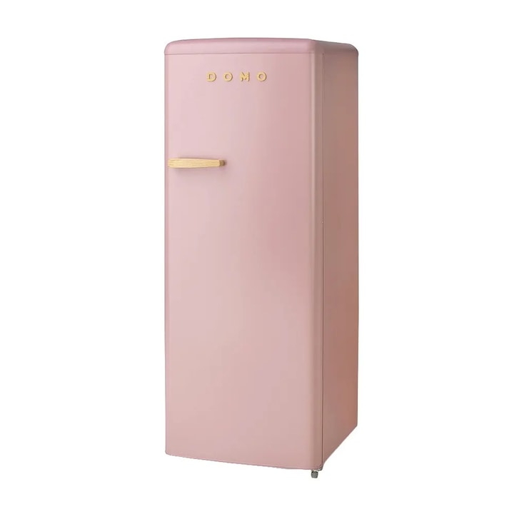 Хладилник Retro DOMO, обем 218 литра, H 144.5 см, фризер 24 литра, регулируема температура, 4 стъклени рафта, 4 отделения на вратите, отделение за плодове/зеленчуци, вътрешно осветление, регулируеми крака, дръжка имитация на дърво, пастелно розово