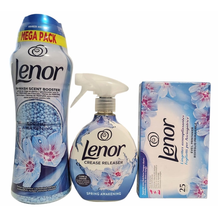 Комплект Lenor Spring Awakening Scented Pearls, 570 g, Lenor Spring Non-Ironing Crease Remover Spray 500 ML, Lenor Spring Awakening Scented Drish Wipes 25 бр.