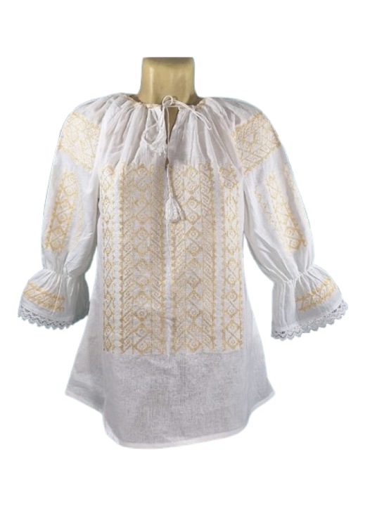 Риза за жени, Памук, 3/4 ръкав, традиционен модел-бежова бродерия, размер 3XL