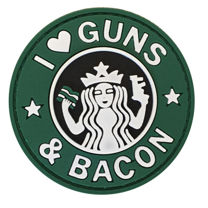 Patch 3D WARAGOD I Love Guns and Bacon 6cm, PVC, guma, verde/alb