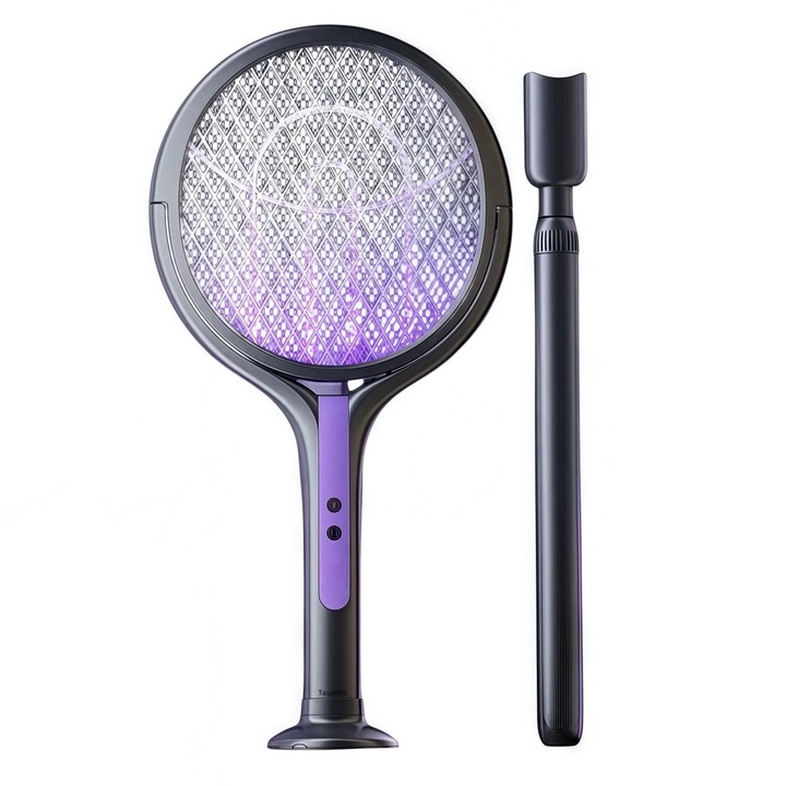 Capcana electrica pentru insecte cu mana telescopica extensibila, TasyPins, design cu cap rotativ, 44x106cm, acumulator reincarcabil 1200 mAh