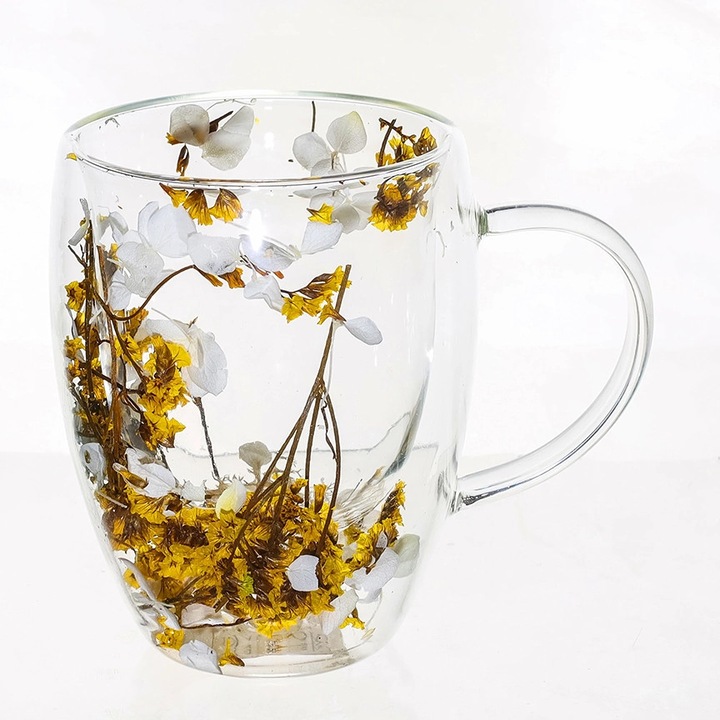 Cana din sticla borosilicata pereti dubli 350ml flori uscate galbene – cana cafea, ceai, cappuccino, latte, espresso, cadou elegant, Next Trend