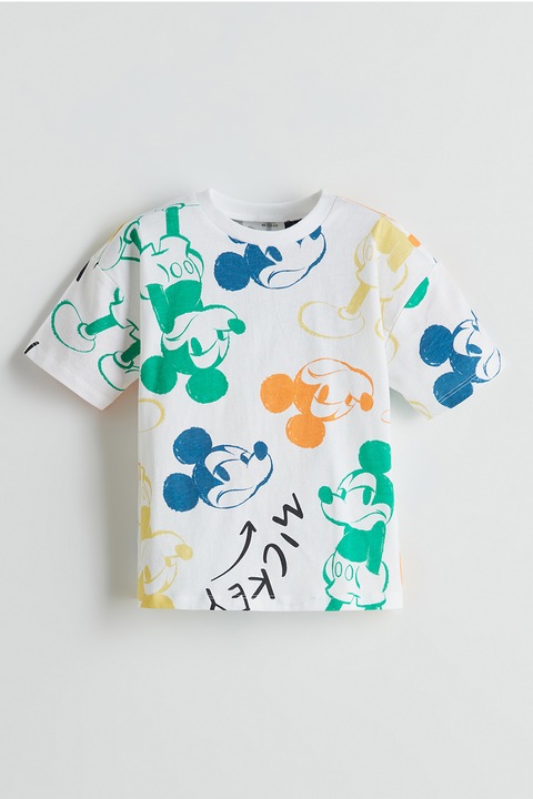 LC WAIKIKI, Tricou cu decolteu la baza gatului si model Mickey Mouse, Alb/Verde/Albastru royal