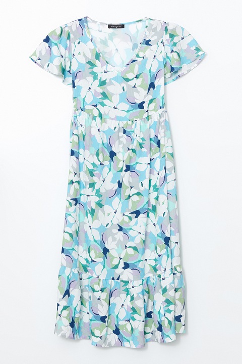 LC WAIKIKI, Rochie cu decolteu in V si model floral, Alb/Lila/Albastru