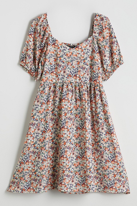 LC WAIKIKI, Rochie evazata cu model floral, Alb/Portocaliu/Bleumarin