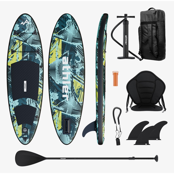 Set placa gonflabila Stand Up Paddle pentru tineri Athler Splash 50, cu o vasla, 200x55x10cm, cu pompa, kit de reparatii, geanta de transport, Verde