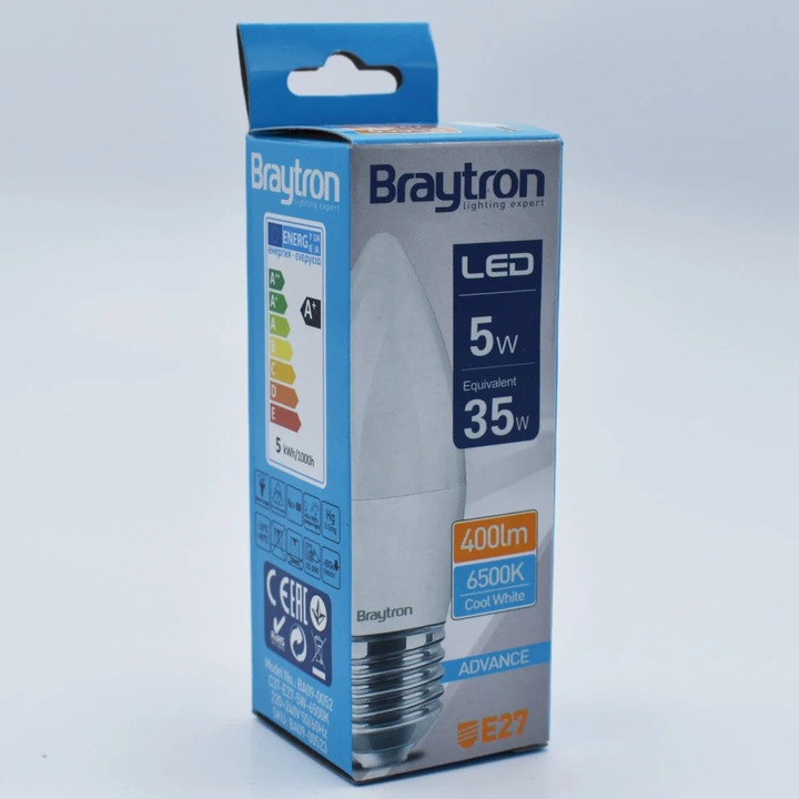 LED крушка Candle 5W(35W) Braytron, C37, E27, 450 lm, студена светлина (6500 K), енергиен клас F