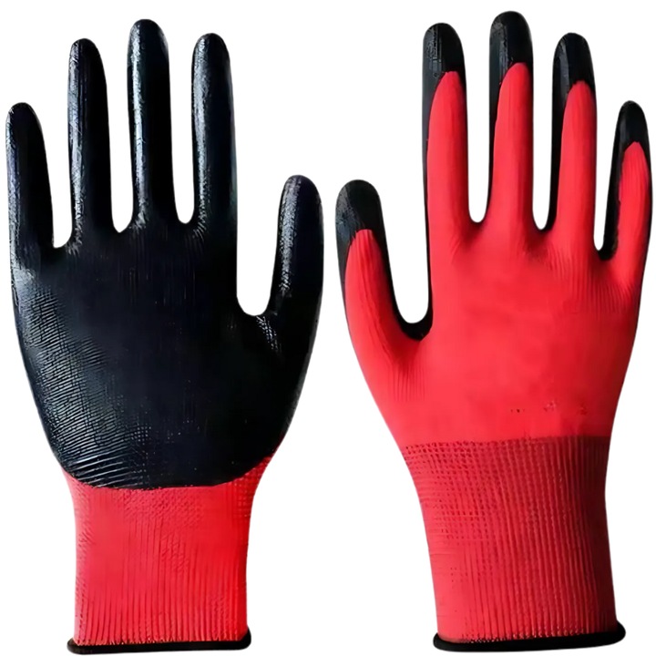 SDEPOT® latexbe mártott tenyérkesztyű, kifejezetten kertészkedéshez és minimálisan veszélyes mechanikai munkákhoz, csúszásmentes, varratmentes, rugalmas kötött anyagból, piros