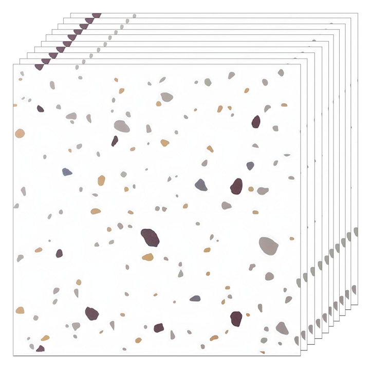 24 darabos nagyméretű Teno® öntapadós márvány padlólap készlet, 4,86 m² lefedettség, újrafelhasználható, erős ragasztóval, tapadásmentes, vízálló, modern megjelenésű, 45 x 45 cm, foltos fehér