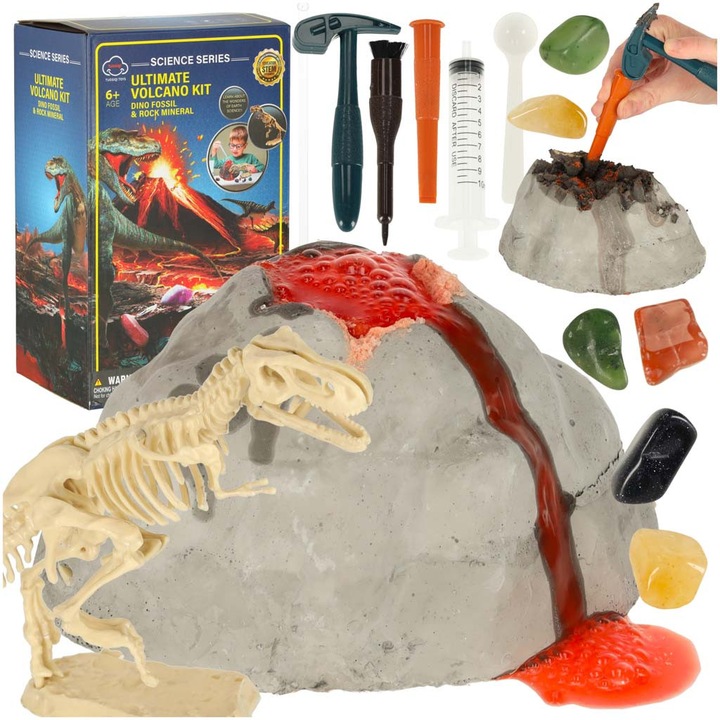 Set educational pentru experimente stiintifice, Luka, model vulcan cu dinozaur, 16x11x8,5cm, 6+ ani