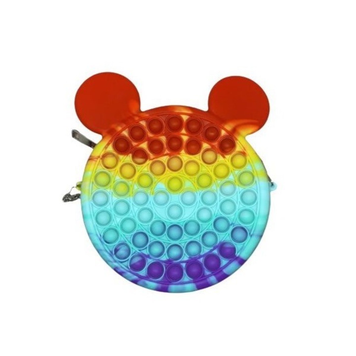 Cyrax szilikon stresszoldó játék, Pop It táska, egér, 16 cm, szivárvány