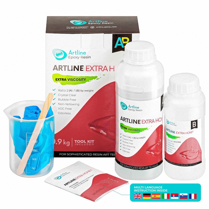 Kit Rasina epoxidica cu vascozitate inalta Extra Honey, 600 gr rasina si 300 gr intaritor, pentru lucrari artistice si artizanale, Artline Epoxy Resin