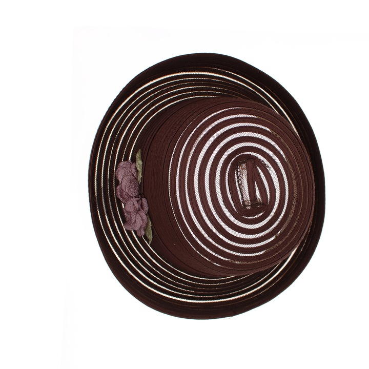 Дамска шапка, изработена от полиестер, Buticcochet, с райе и декоративни цветя, малка периферия, един размер, кафяв, PAL1647