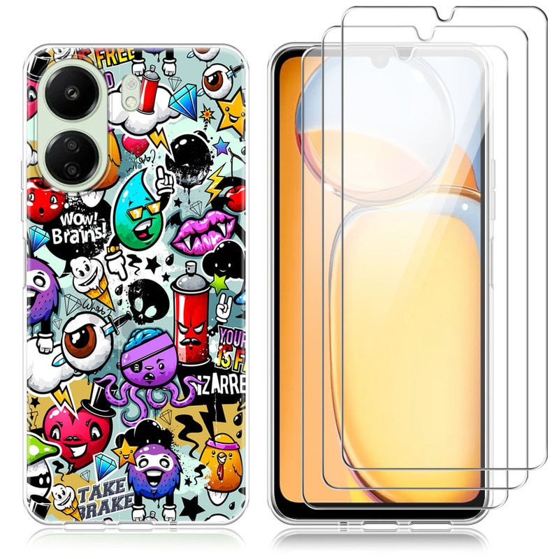 Set husa protectie telefon/3 folii protectie ecran, TPU/Sticla securizata, Pentru Xiaomi Redmi 13C / Poco C65, Multicolor