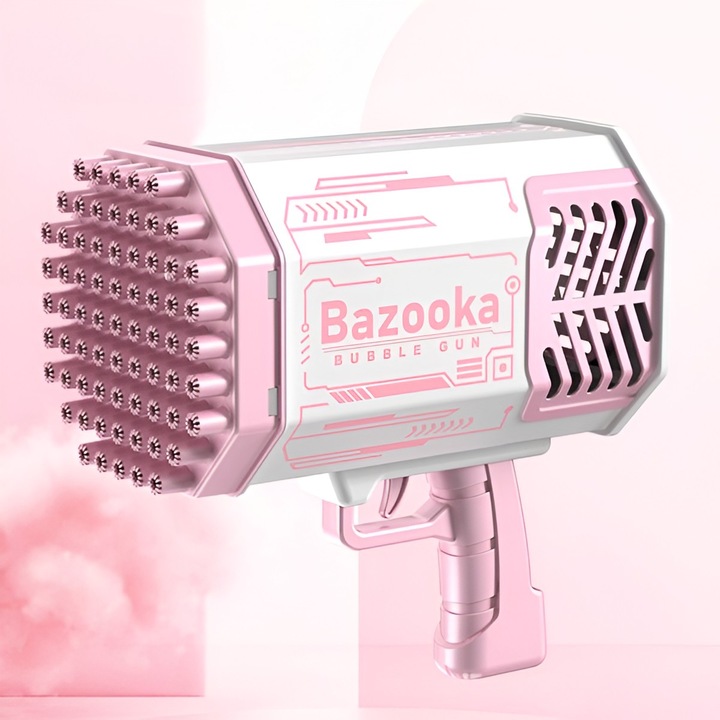 Buborékfújó pisztoly 69 lyukkal szappanbuborékokhoz, színes fényekkel, tálcával, folyadékkal, akkumulátorral, töltőkábellel, 24 cm x 14 cm x 24 cm, rózsaszín Hello Kitty