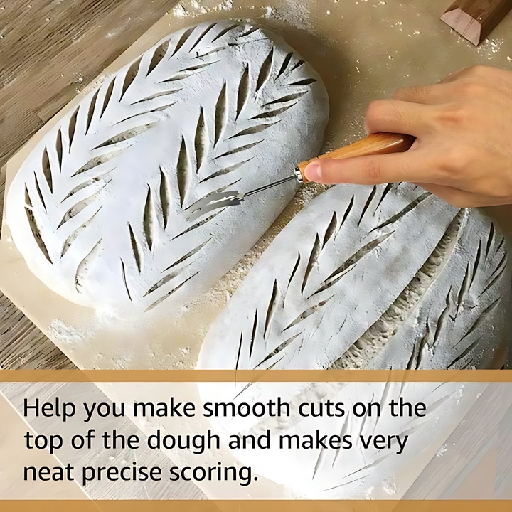 Cutit de paine + 4 lame Dussdote, pentru taierea aluatului, 4 lame, super ascutit, maner din lemn, acoperire din piele, super ascutit, caisa
