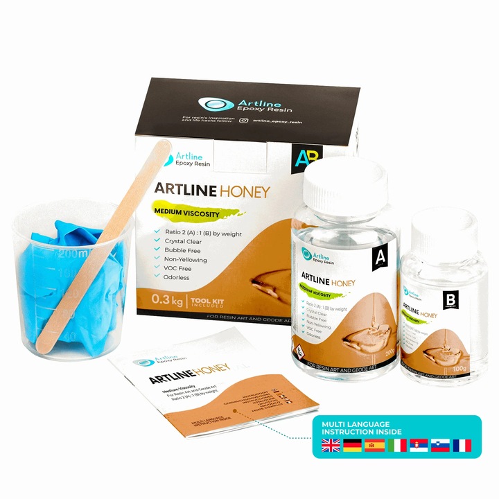 Kit Rasina epoxidica cu vascozitate medie Honey, 200 gr rasina si 100 gr intaritor, pentru bijuterii si lucrari artizanale, Artline Epoxy Resin