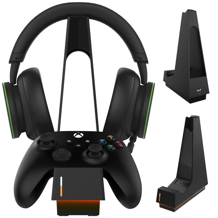 Statie de incarcare Snakebyte Combo Charge X, incarcare simultana controler si casti, 1100 mAh, Micro USB si USB-C, negru