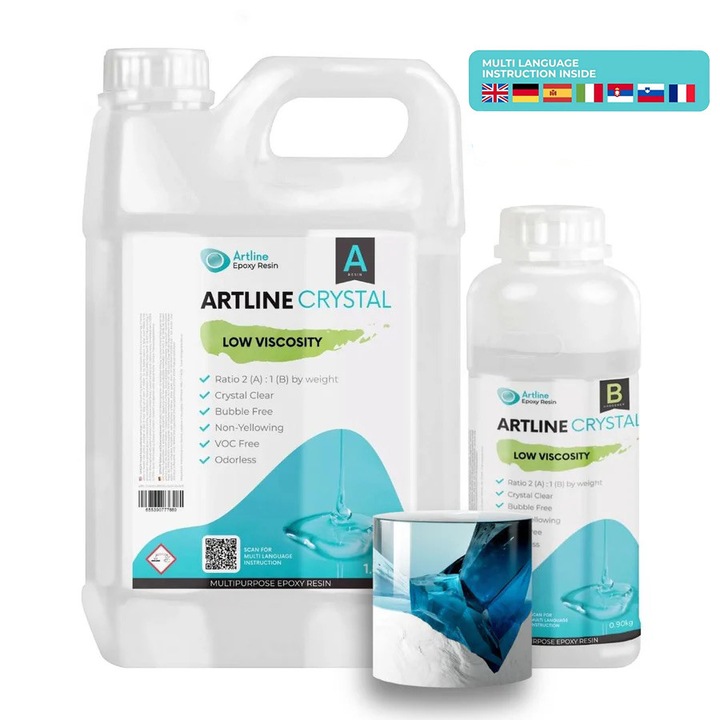 Kit Rasina epoxidica cu vascozitate redusa Crystal, 1800 gr rasina si 900 gr intaritor, pentru lucrari artistice si bijuterii, Artline Epoxy Resin