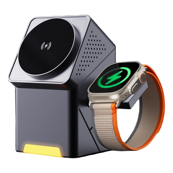 Statie de Incarcare Wireless 3-in-1 pentru Noptiera – Incarcator Rapid 15W, Compatibil cu Telefoane, Ceasuri Smart si Casti Wireless, Tehnologie Avansata pentru Incarcare Eficienta si Fara Fir