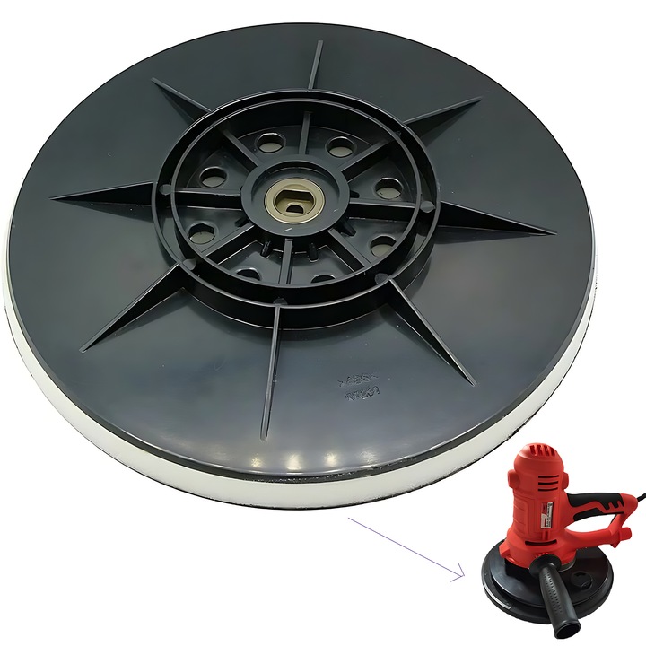Placa de suport pentru discuri de slefuit Dussdote, cu velcro, 215 mm, compatibila cu slefuitorul uscat, conexiune M10, 8 gauri pentru extractia prafului, montare rapida, negru