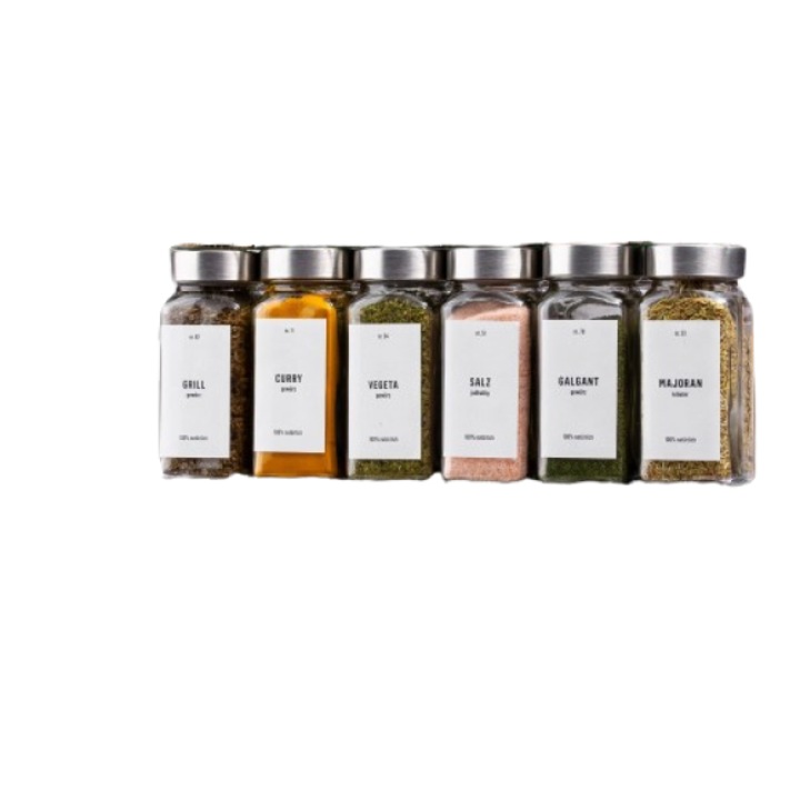 Set recipiente condimente Mormark Deco Haus, 36 bucăți, capac din oțel inoxidabil, etichete, palnie, perie de curățare, 120ml, 10,5x4,3cm