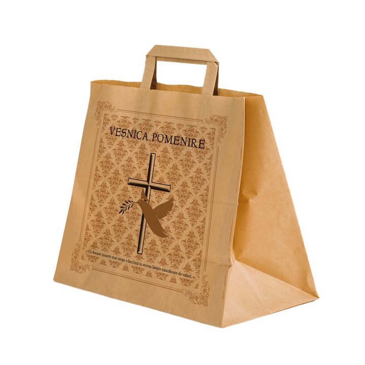 Set 500 bucati Pungi Hartie pentru parastase, comemorari, inmormantari Vesnica Pomenire, 32 x 27 x 21cm, kraft Natur, Model 1
