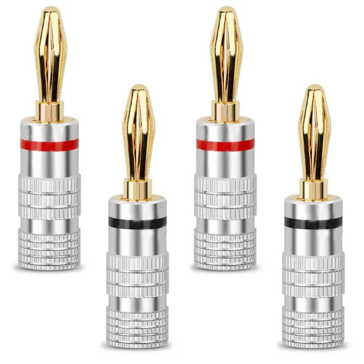 Set de 4 conectori banana Excel Series, Nakamichi, 12 AWG la 18 AWG, 4mm, Argintiu/Auriu