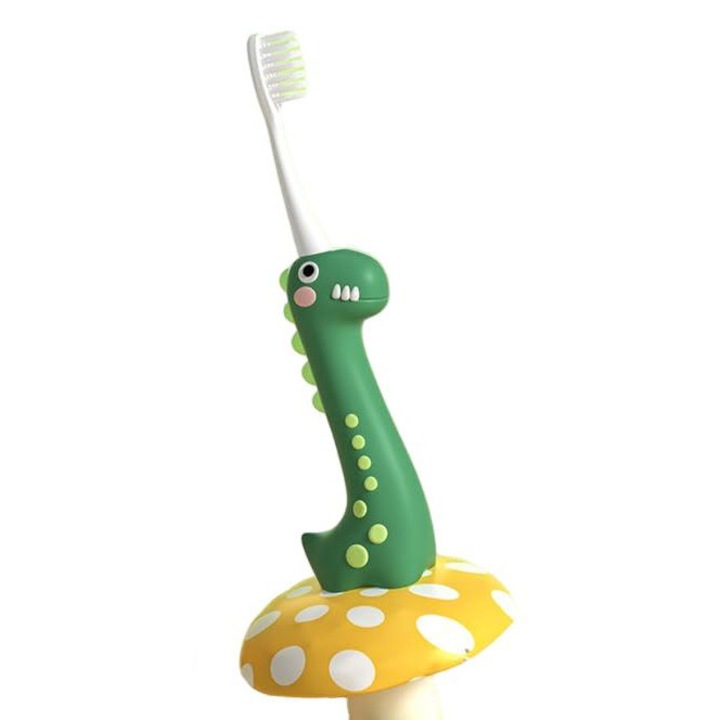 Gyerek fogkefe, dinoszaurusz mintával, puha sörtékkel, zöld
