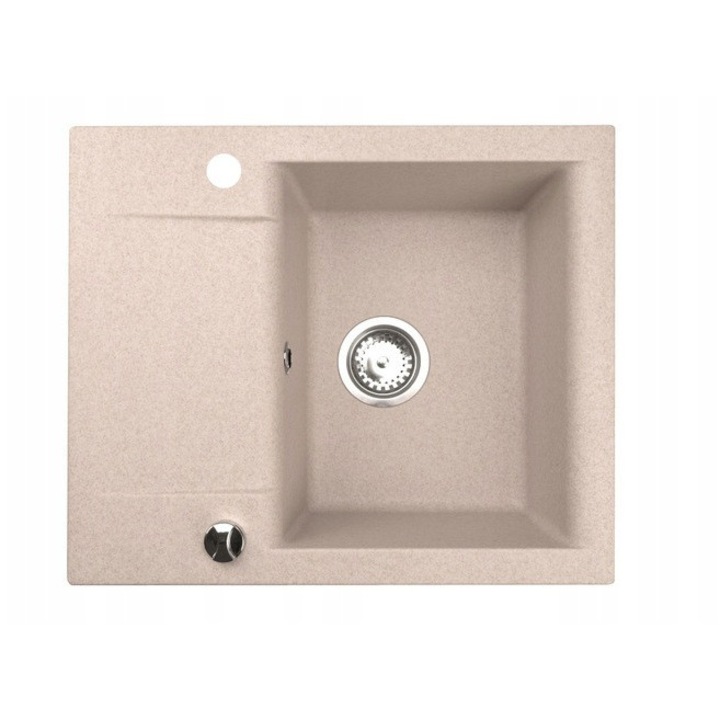 Chiuveta de bucatarie granit LUNA 59x44 cm, o cuva cu scurgator, bej piatra, montaj pe blat, rezistenta la zgarieturi si temperaturi ridicate
