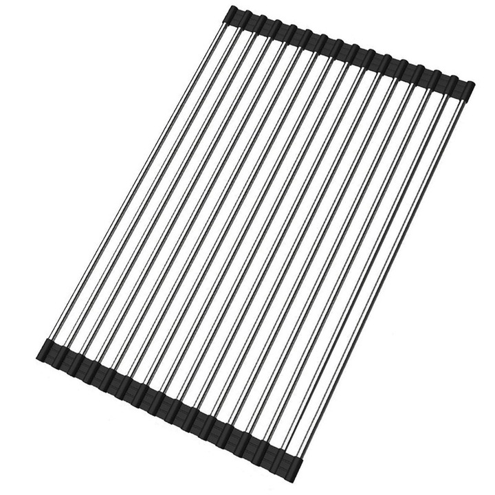 Összecsukható edényszárító állvány mosogató fölé fedéllel, konyhai mosogató kiegészítők, multifunkcionális eszköz, rozsdamentes acél csepegtető, rozsdamentes acél, szilikon szélek (fekete, 37*40CM)