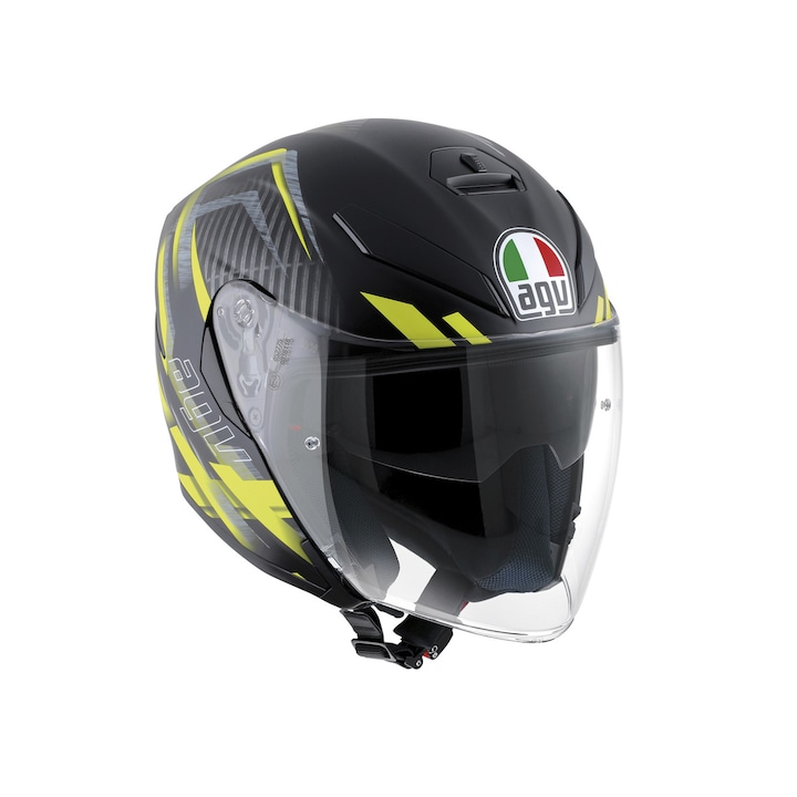 Casca moto open face K-5 JET AGV E2205 MULTI URBAN HUNTER MATT BLACK/YELLOW made by AGV Italia, omologare E2205, ochelari de soare, pinlock, Marimea S