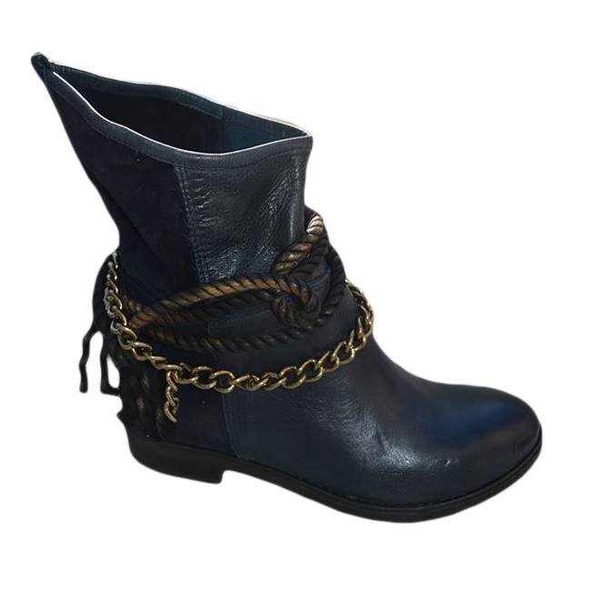 Cizme din piele cu lantisor auriu,D&J Exclusive, Albastru marin