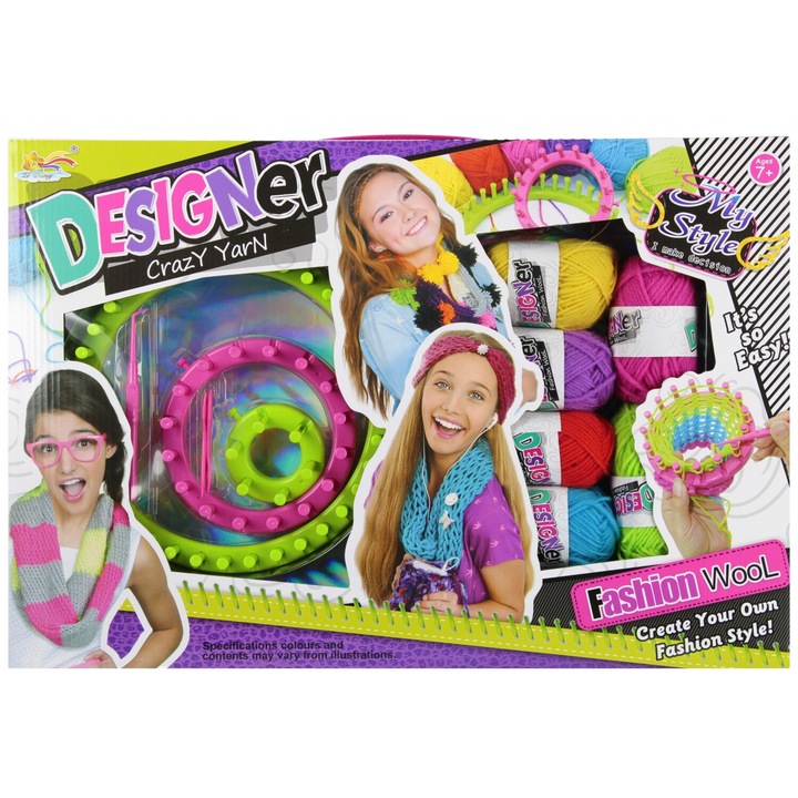 Set creativ de tesut, MEGA CREATIVE, 3 razboaie de tesut, 6 ghemuri de lana, 54x37x6cm