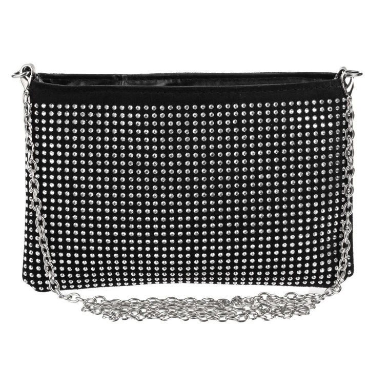 Poseta Neagra cu Strass & Lant Argintiu pentru Femei 22x15cm