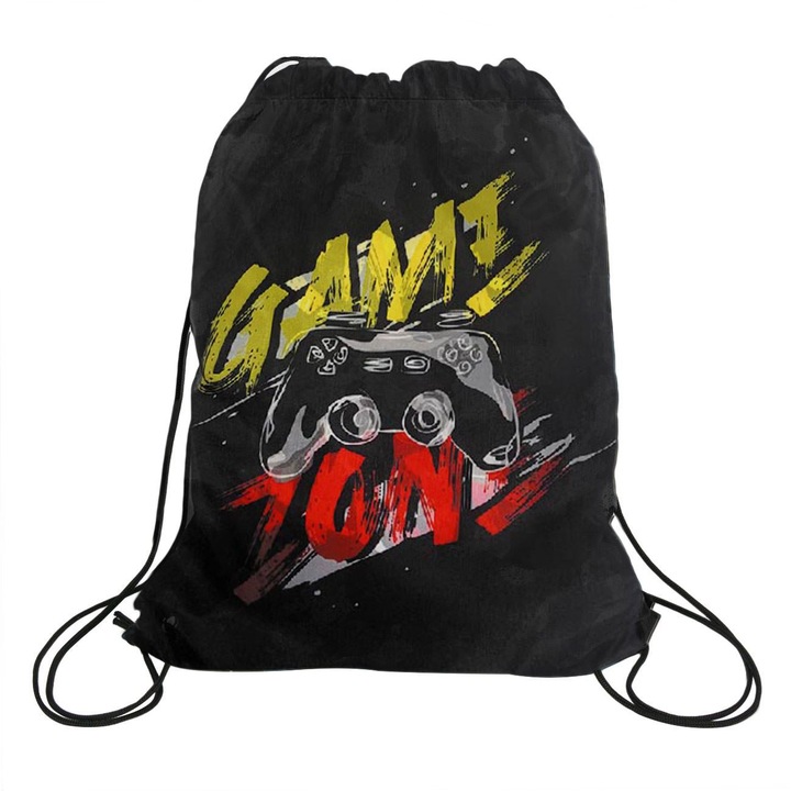 Fekete textil gamer táska húzózsinórral 34x42cm