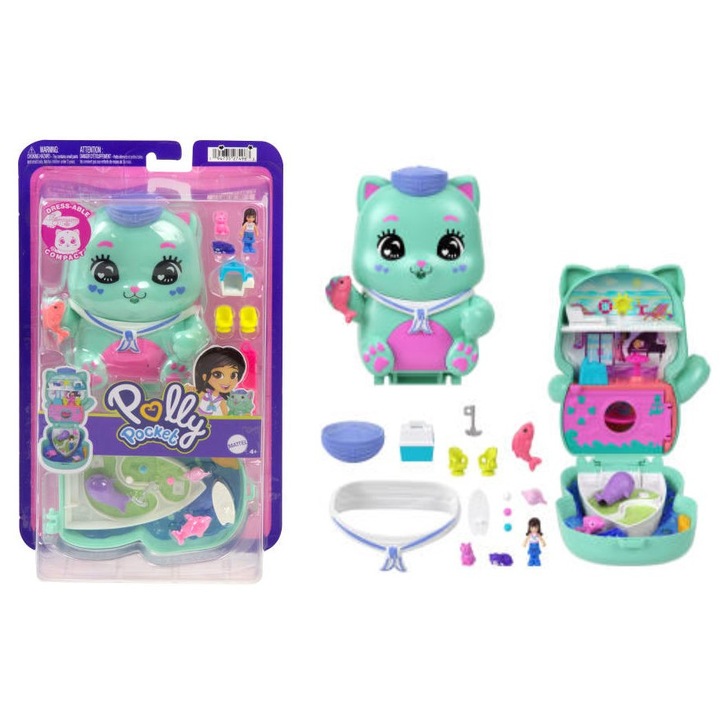 Polly Pocket Koci rejs kompakt készlet, 1 mikro baba, 2 macskafigura, többszínű, 4 éves kortól gyermekeknek