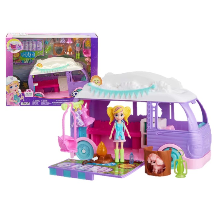 Комплект за глемпинг Polly Pocket, Van Kamper, 7,5 см, 15 аксесоара, многоцветен