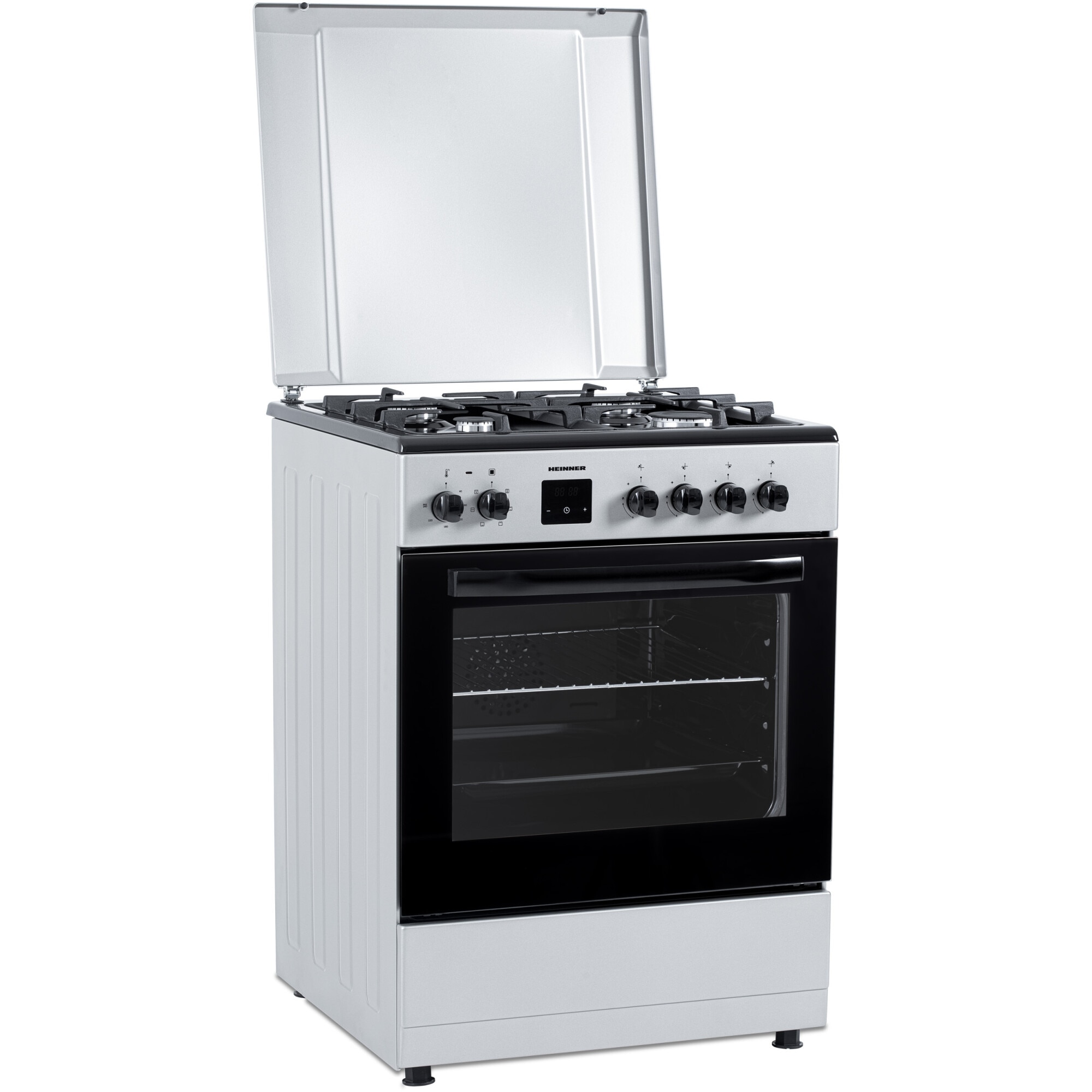 Aragar mixt Heinner HFSC-S66FDC-BIX, digital, 4 arzatoare, cuptor electric, aprindere electrica plita, timer, grill, ventilatie, 60x60, inox