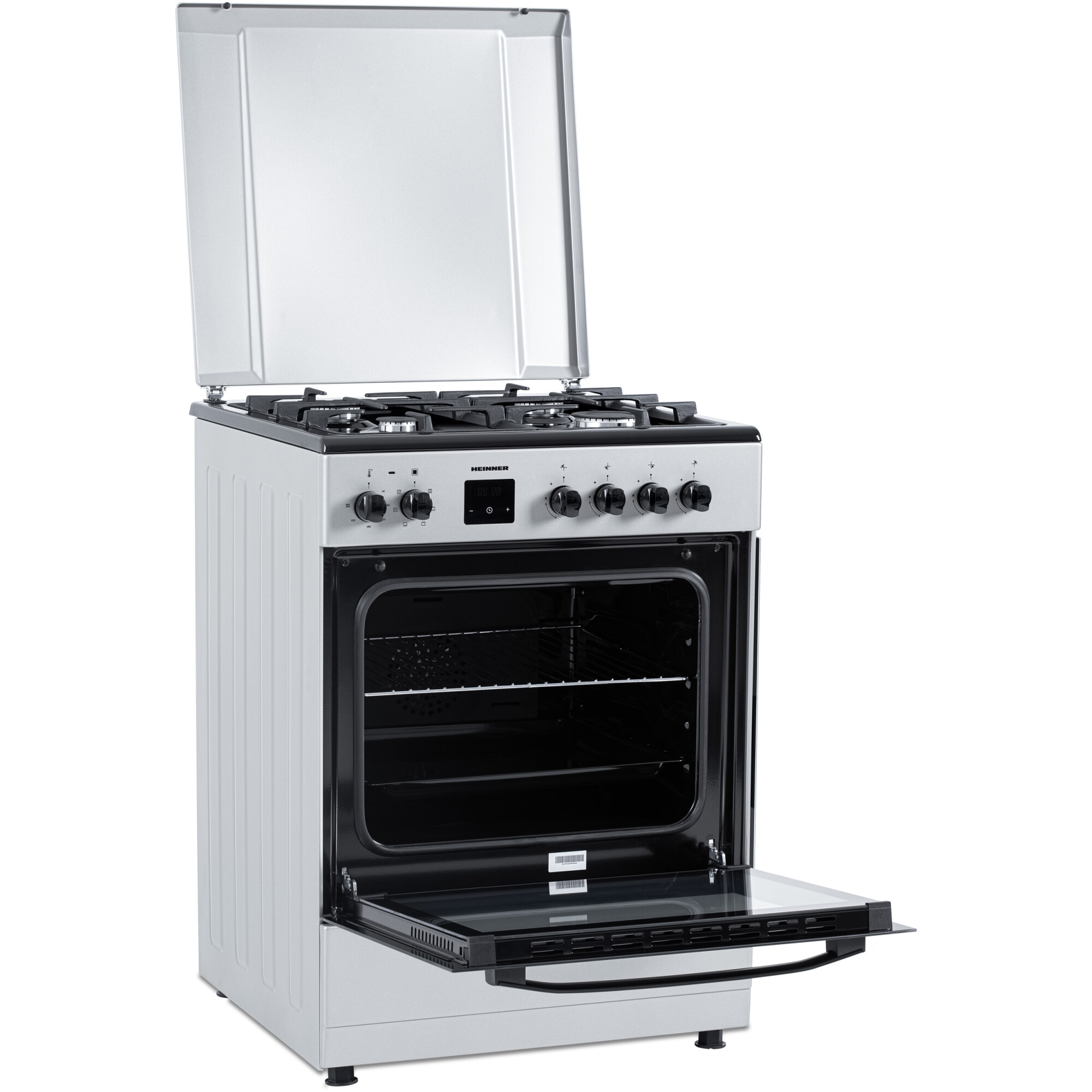 Aragar mixt Heinner HFSC-S66FDC-BIX, digital, 4 arzatoare, cuptor electric, aprindere electrica plita, timer, grill, ventilatie, 60x60, inox