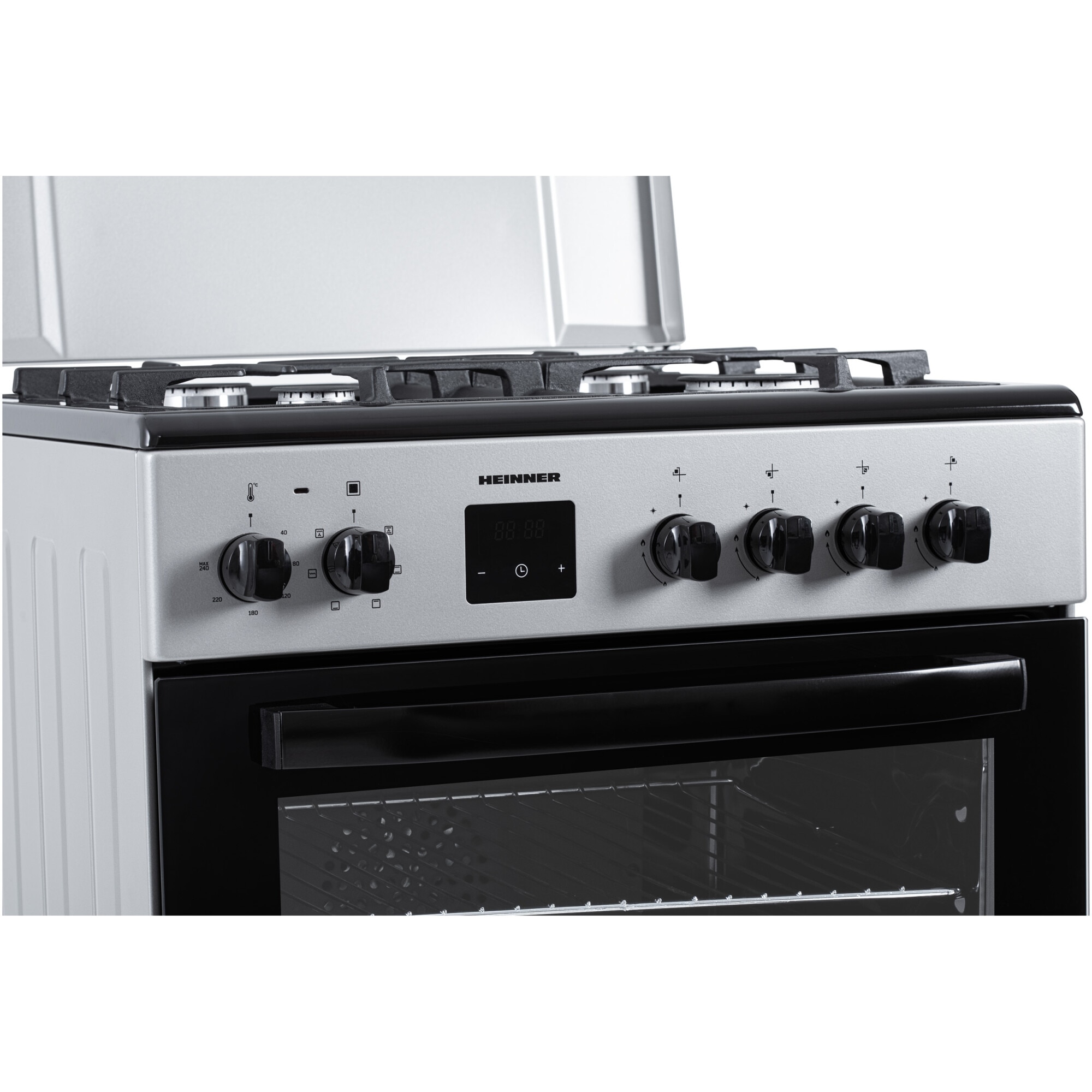Aragar mixt Heinner HFSC-S66FDC-BIX, digital, 4 arzatoare, cuptor electric, aprindere electrica plita, timer, grill, ventilatie, 60x60, inox
