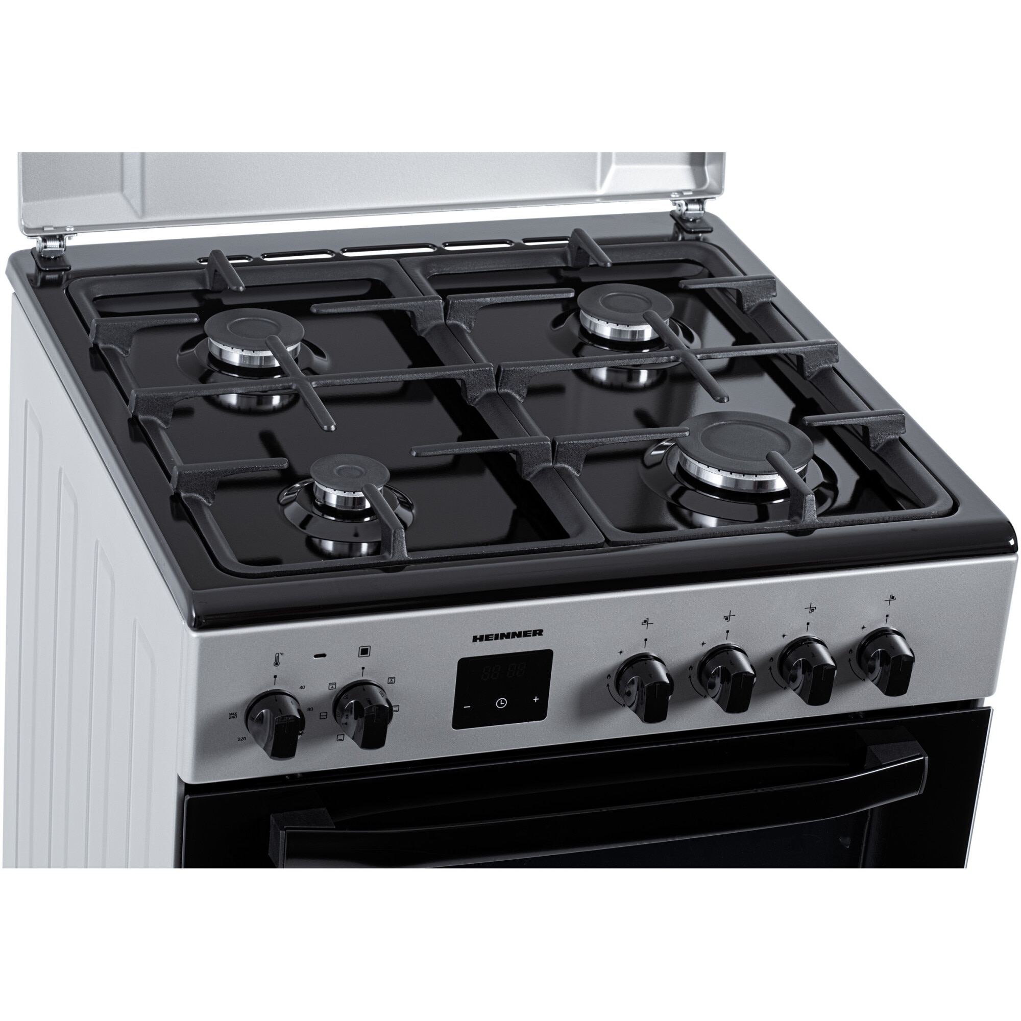 Aragar mixt Heinner HFSC-S66FDC-BIX, digital, 4 arzatoare, cuptor electric, aprindere electrica plita, timer, grill, ventilatie, 60x60, inox