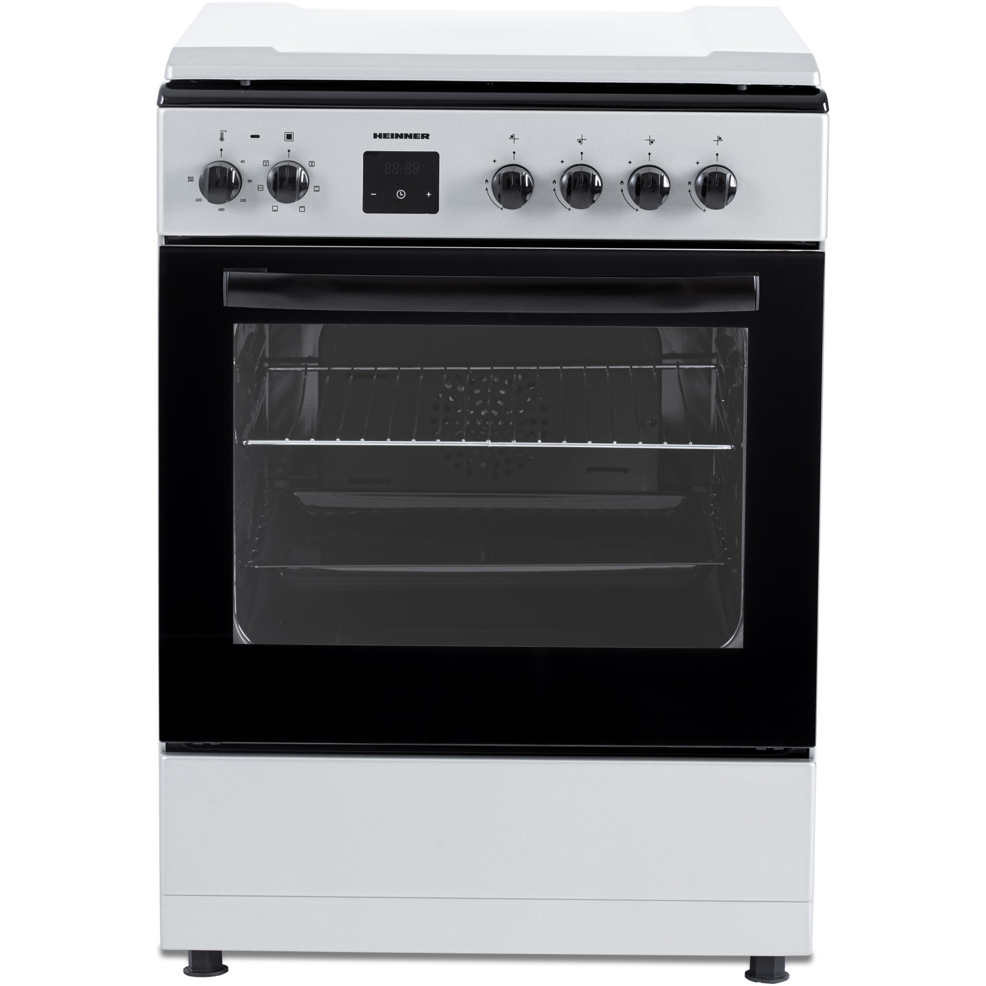 Aragar mixt Heinner HFSC-S66FDC-BIX, digital, 4 arzatoare, cuptor electric, aprindere electrica plita, timer, grill, ventilatie, 60x60, inox