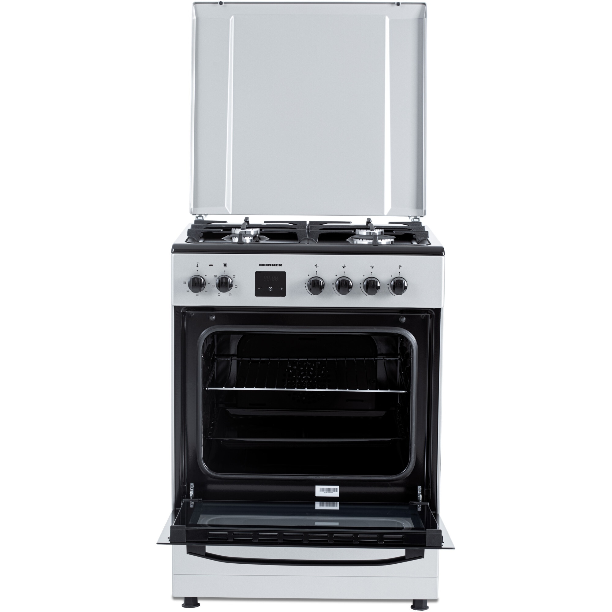 Aragar mixt Heinner HFSC-S66FDC-BIX, digital, 4 arzatoare, cuptor electric, aprindere electrica plita, timer, grill, ventilatie, 60x60, inox